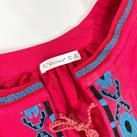 R. Vivimos Tie Front  Jacket Womens Medium Red Swingy Embroidered Aztec Bolero - Picture 6 of 9